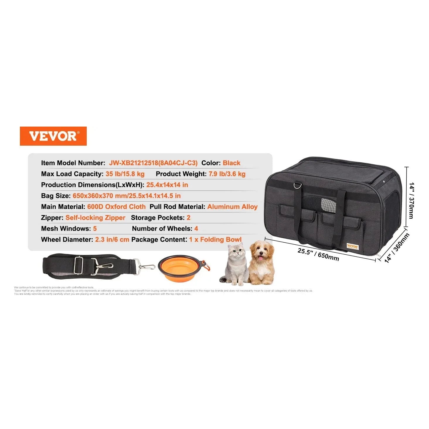 VEVOR Pet Cat Carrier Breathable Outgoing Dog Carry Backpack with Telescopic Handle Wheels and Shoulder Strap for Travel Trip - Finnigan's Play Pen