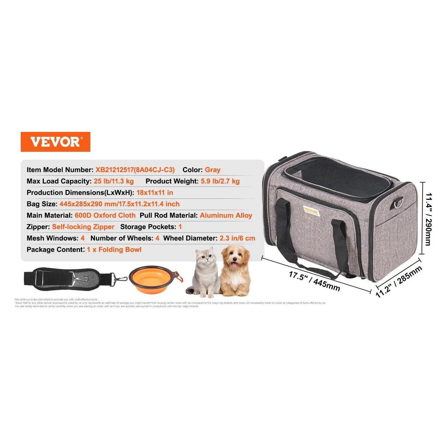 VEVOR Pet Cat Carrier Breathable Outgoing Dog Carry Backpack with Telescopic Handle Wheels and Shoulder Strap for Travel Trip - Finnigan's Play Pen