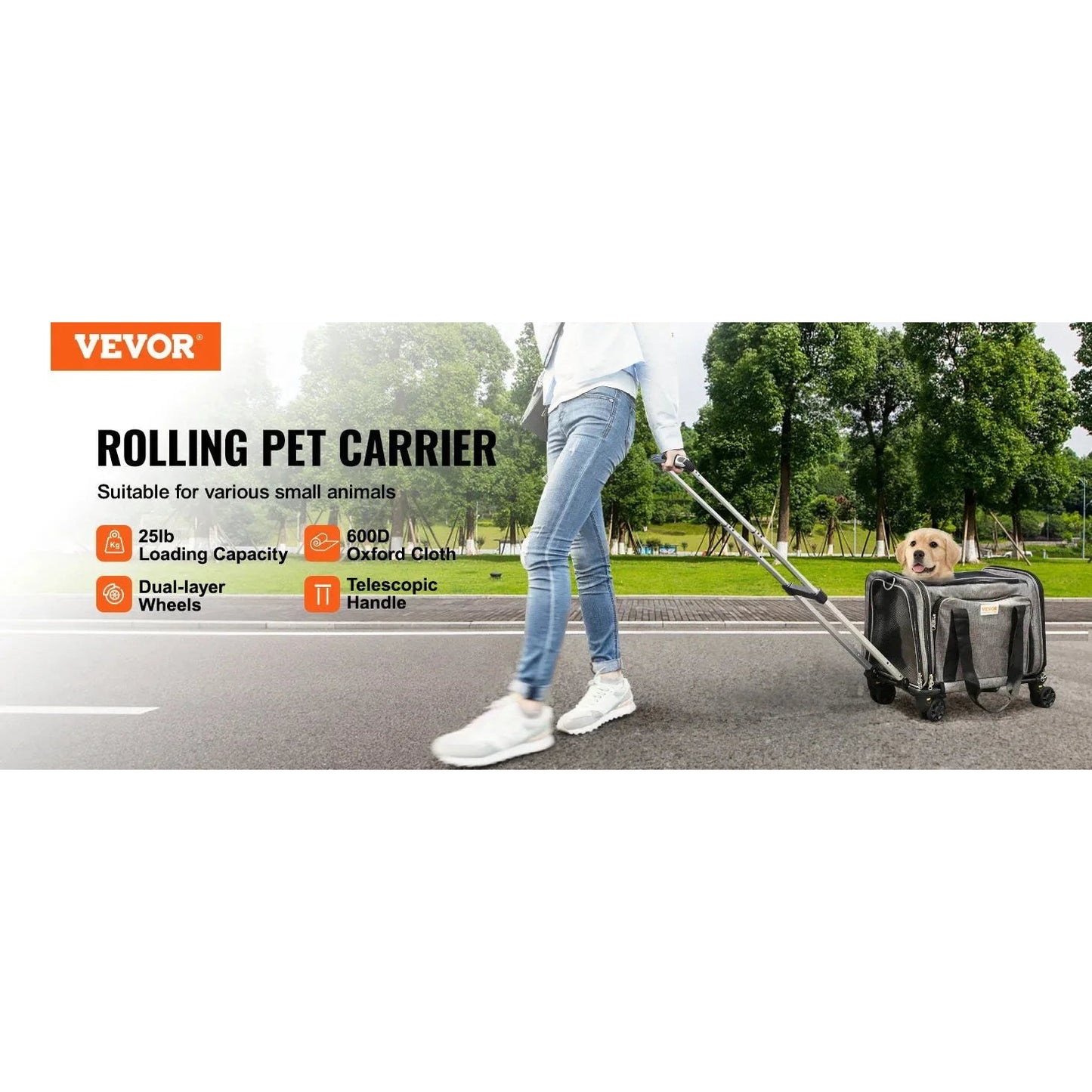VEVOR Pet Cat Carrier Breathable Outgoing Dog Carry Backpack with Telescopic Handle Wheels and Shoulder Strap for Travel Trip