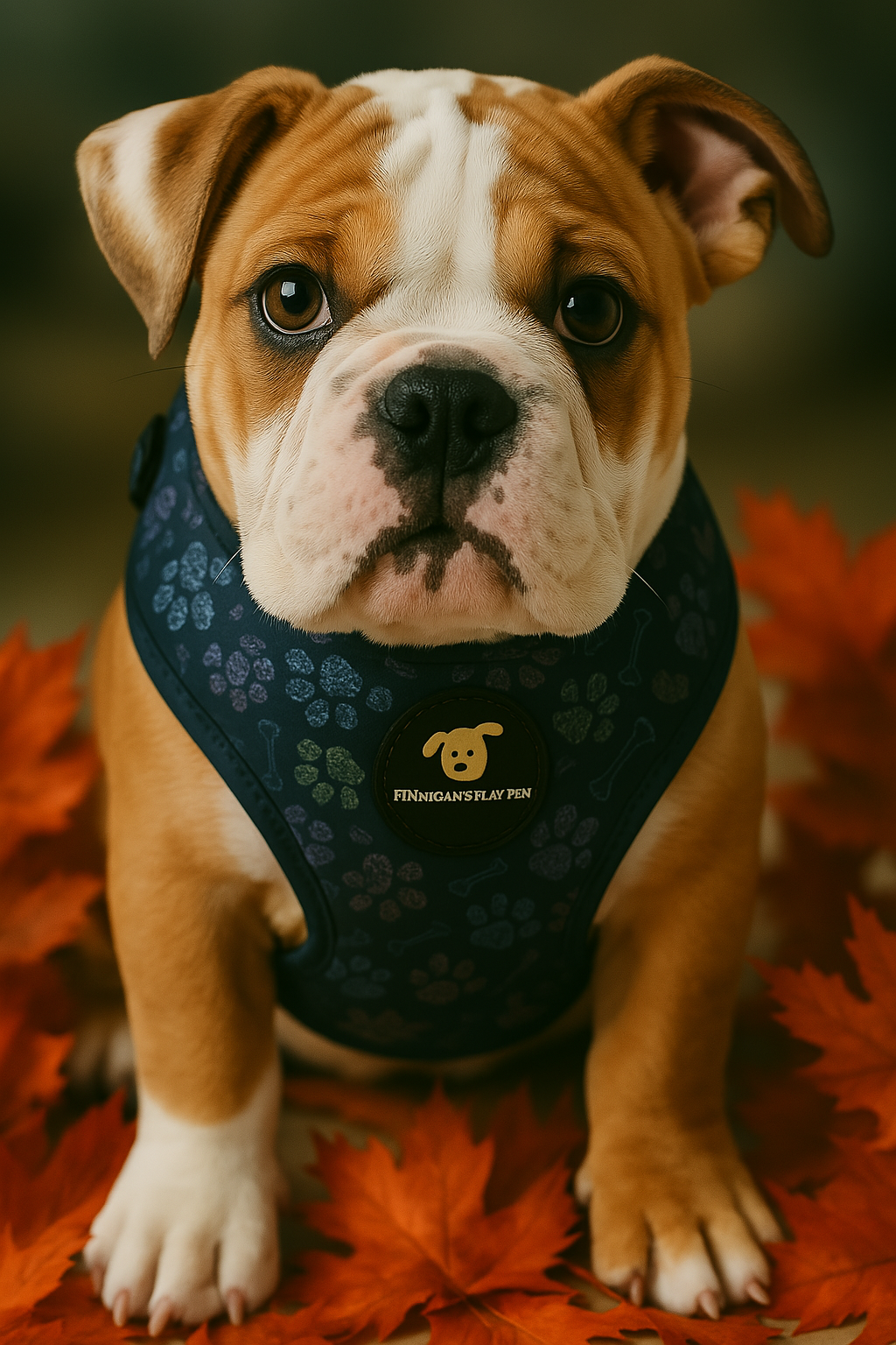 Puppy wearing a black harness with floral patterns on orange leaves