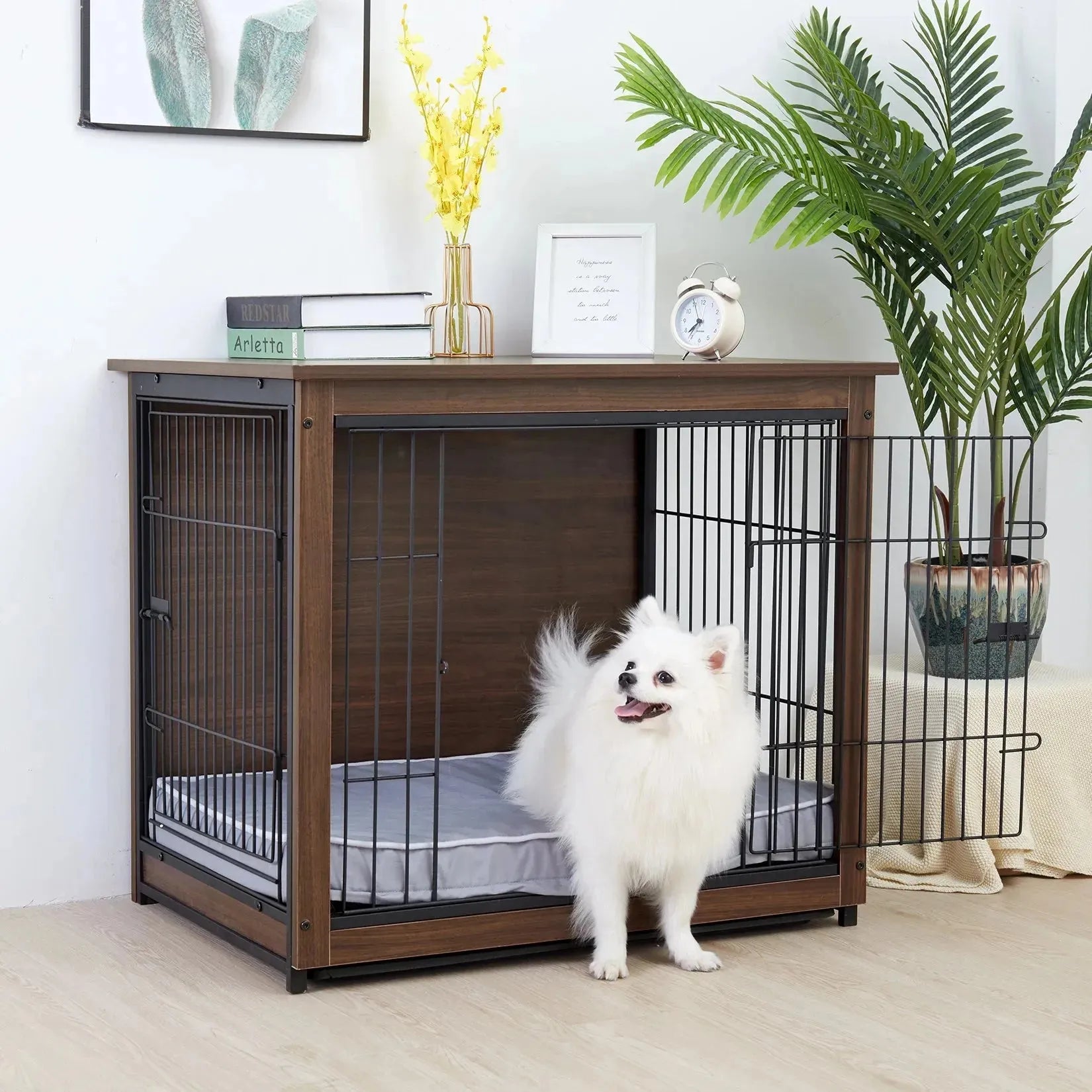 Vintage Pet Crate Dog Cage with Table Top Wooden Barrier Gate With Floor Tray for Indoor