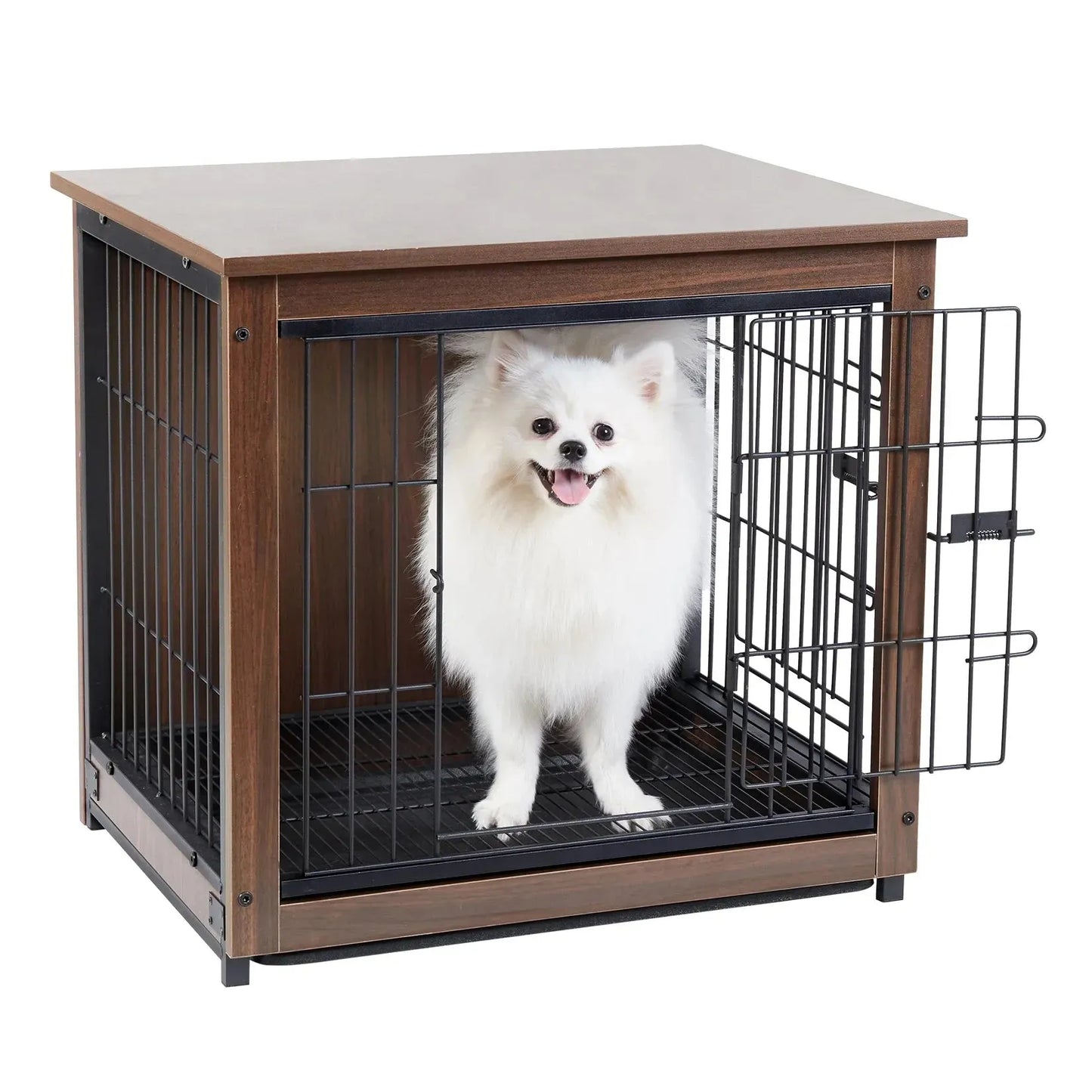 Vintage Pet Crate Dog Cage with Table Top Wooden Barrier Gate With Floor Tray for Indoor