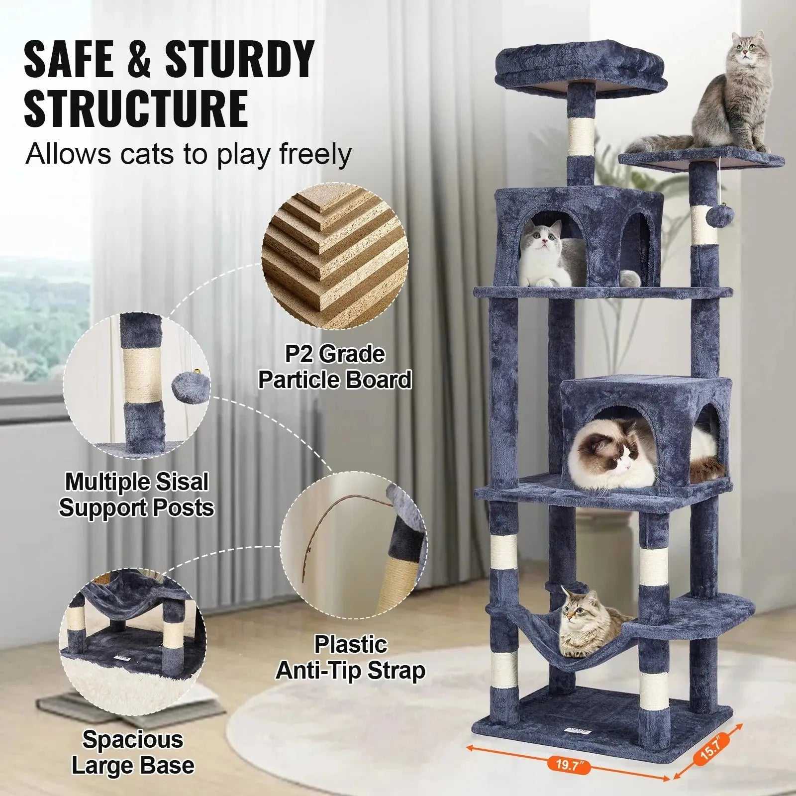 VEVOR Cat Tree for Indoor Cats 63" Cat Tower with 2 Cat Condos Sisal Scratching Post Large Cat Furniture Activity Center