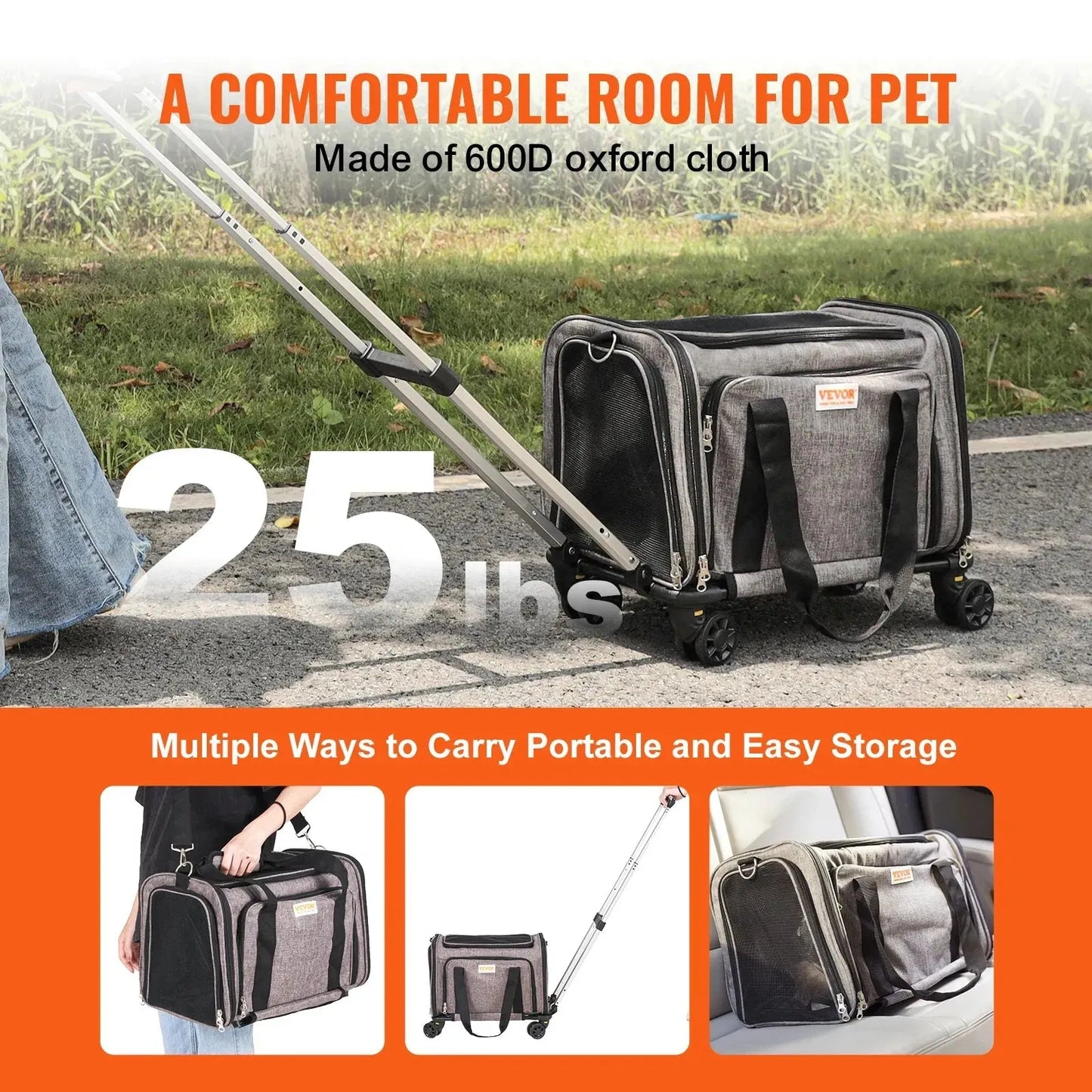 VEVOR Pet Cat Carrier Breathable Outgoing Dog Carry Backpack with Telescopic Handle Wheels and Shoulder Strap for Travel Trip