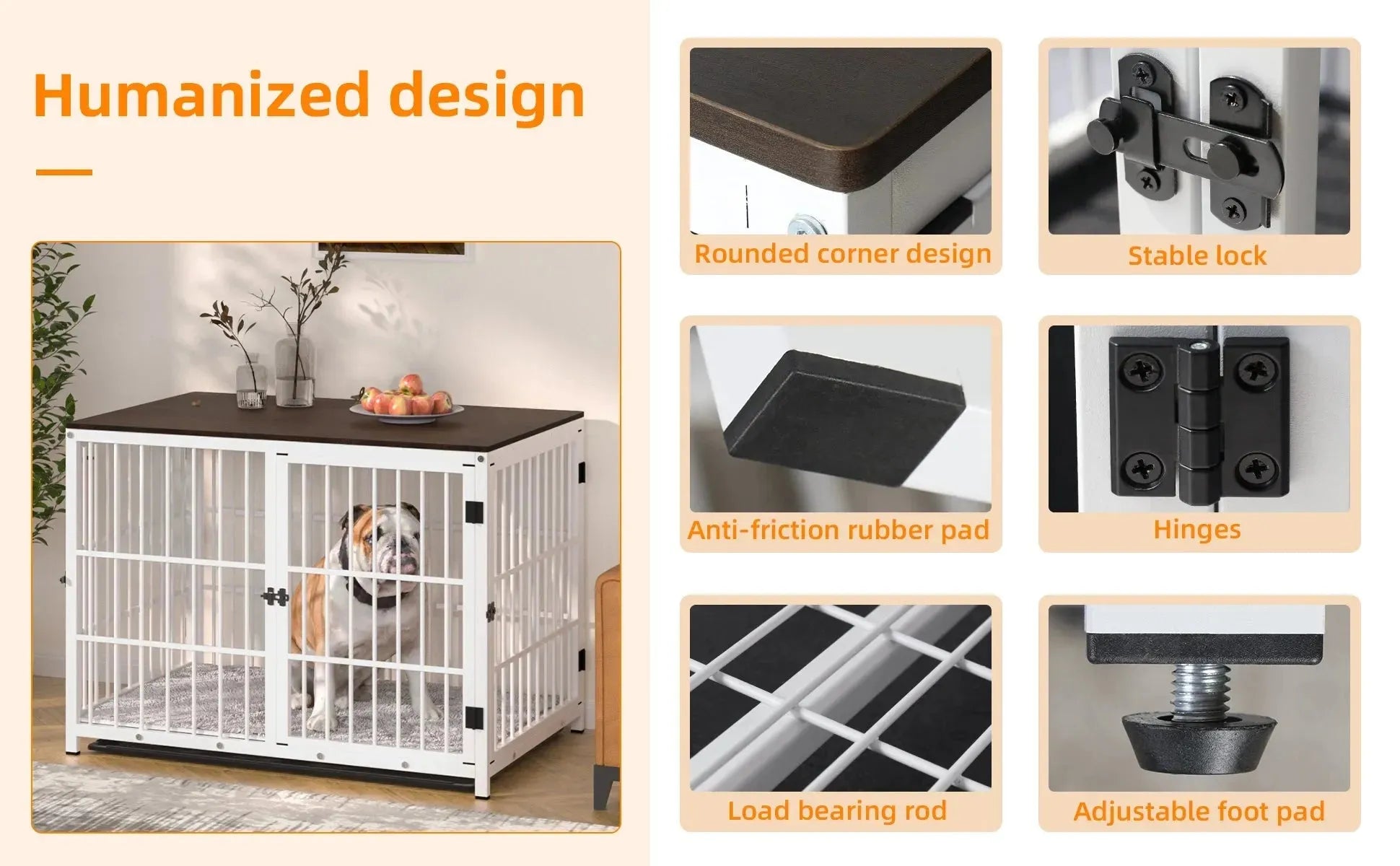 Dog Crate Furniture Pet Kennel End Table Metal Dog Kennel with Three Doors with Locks and Removable Tray, White/Black