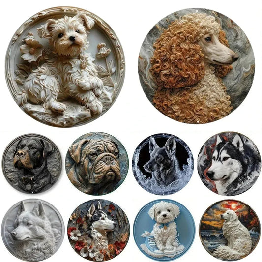 Cute Dog Gift Mask Theme Round Metal Aluminum Sign Art Desktop Decorative Plates For Bar Cafe Club Yard Home Office Wall Decor