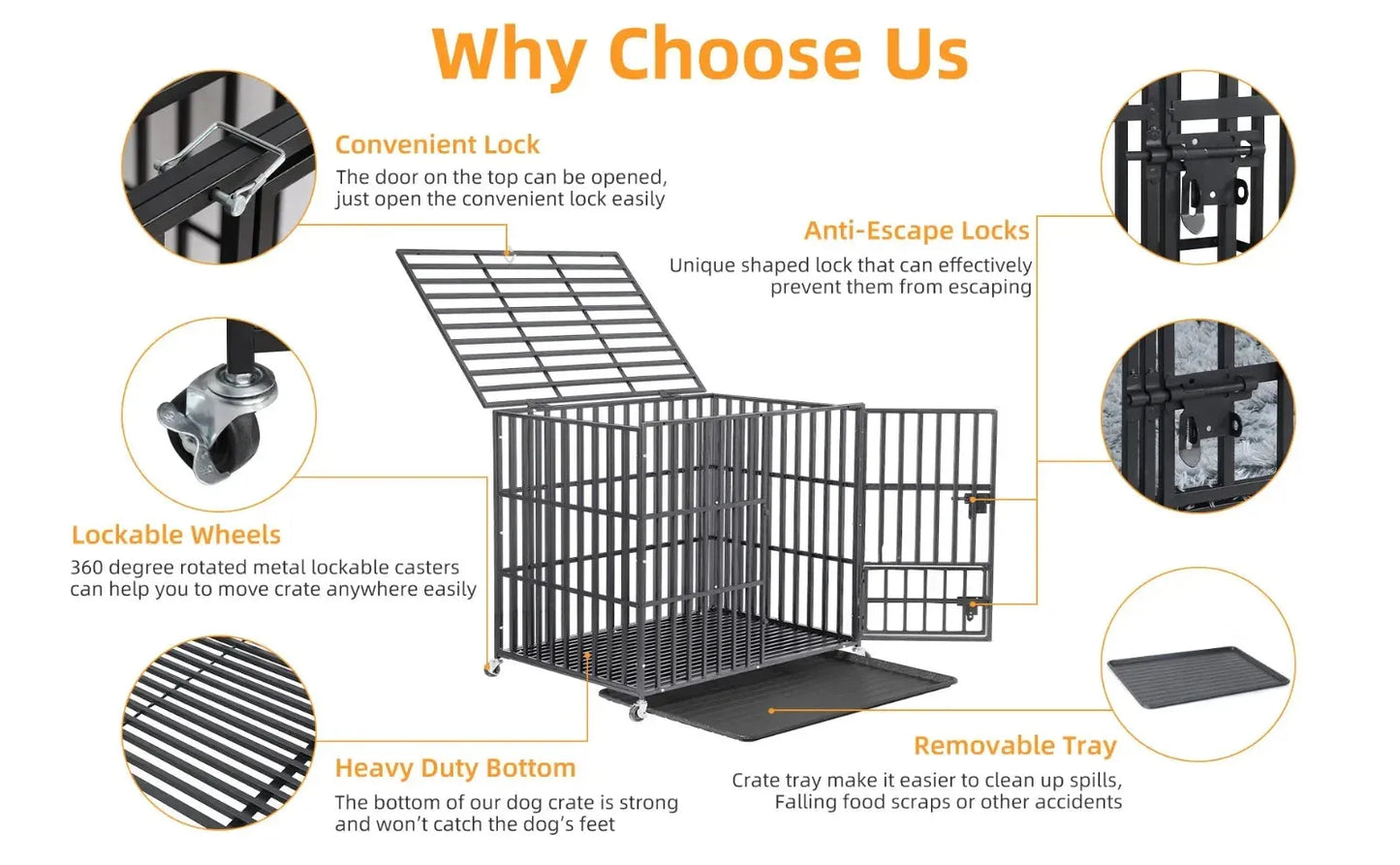 Mobile Heavy Duty Dog Crate Cage Metal Pet Kennel Playpen with 3 Doors Locks Design & Bottom Tray