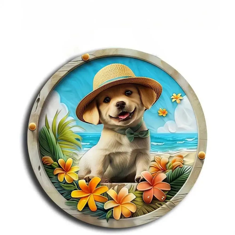 Cute Dog 3D Round Metal Aluminum Sign Art Wreath Decorative Plates Entrance Gift Mask Theme For Bar Club Home Room Wall Decor