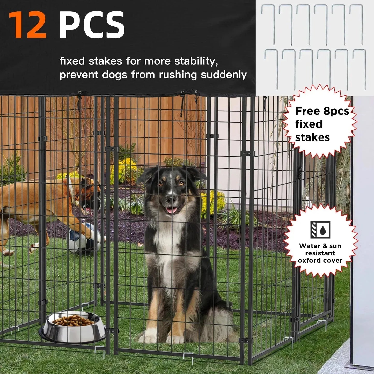 Large Dog Kennel Outdoor Dogs Welded Wire Kennels and Runs Crates for Yard with Stakes Water Proof Cover Canopy