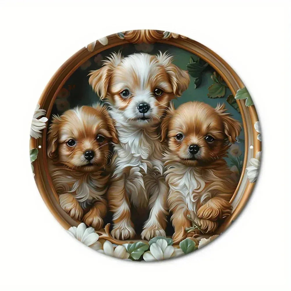 Pet Puppy Art Aesthetic Metal Round Plate Painting Vintage Wall Tin Sign Decor Custom Dog Tinplate Circle Plaque Home Decoration