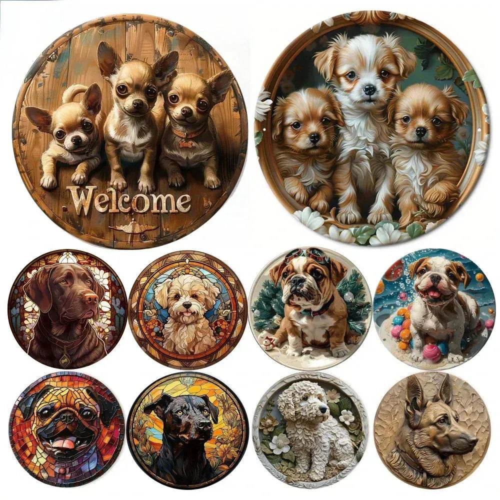 Pet Puppy Art Aesthetic Metal Round Plate Painting Vintage Wall Tin Sign Decor Custom Dog Tinplate Circle Plaque Home Decoration