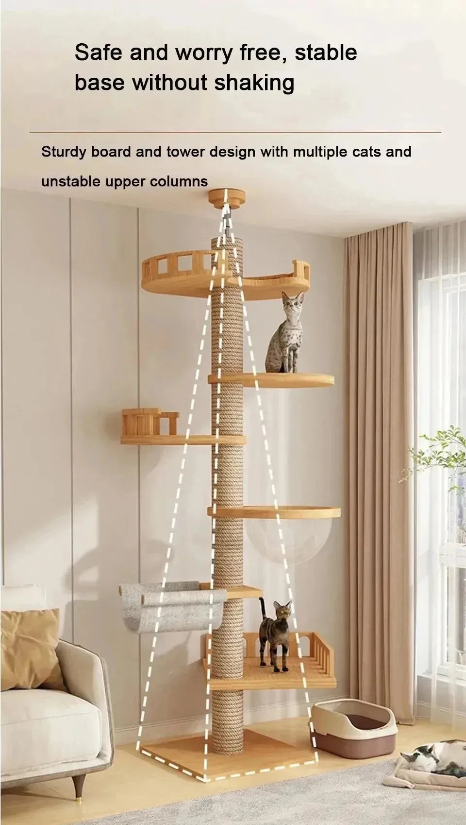 Cat Climbing Frame Floor To Ceiling Pussy Tree Tower Wooden Adjustable Pet Pillar Integrated Cattery With Hammock Kitty Nest