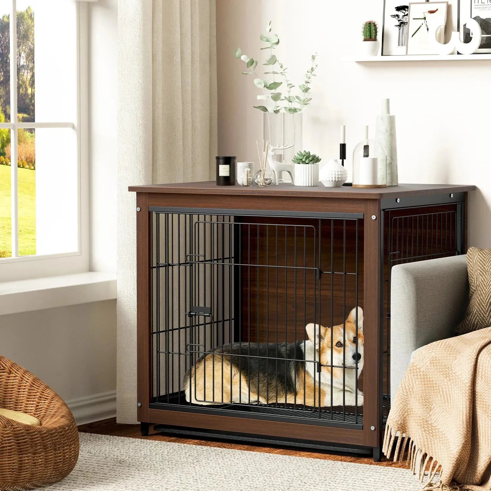 Vintage Pet Crate Dog Cage with Table Top Wooden Barrier Gate With Floor Tray for Indoor