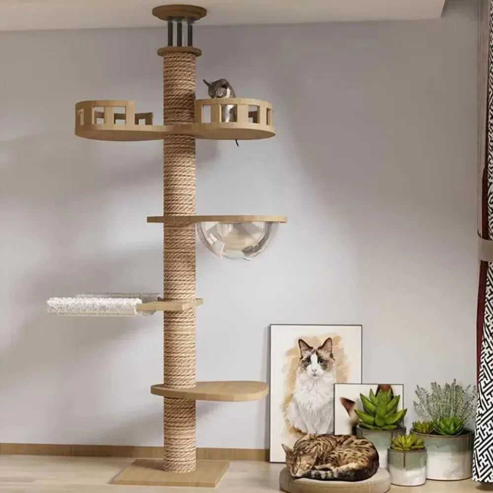 Cat Climbing Frame Floor To Ceiling Pussy Tree Tower Wooden Adjustable Pet Pillar Integrated Cattery With Hammock Kitty Nest