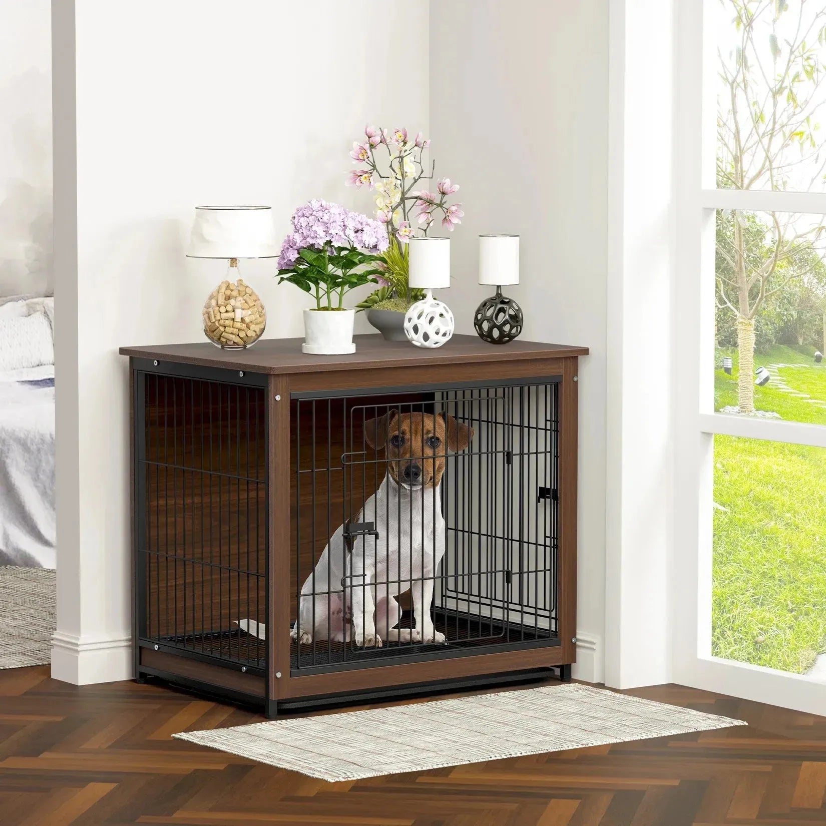 Vintage Pet Crate Dog Cage with Table Top Wooden Barrier Gate With Floor Tray for Indoor