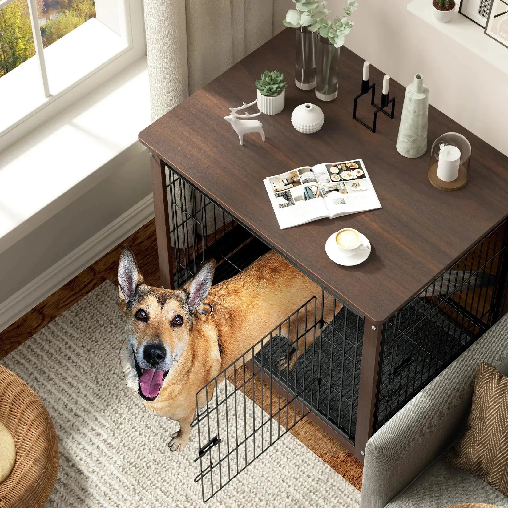 Vintage Pet Crate Dog Cage with Table Top Wooden Barrier Gate With Floor Tray for Indoor