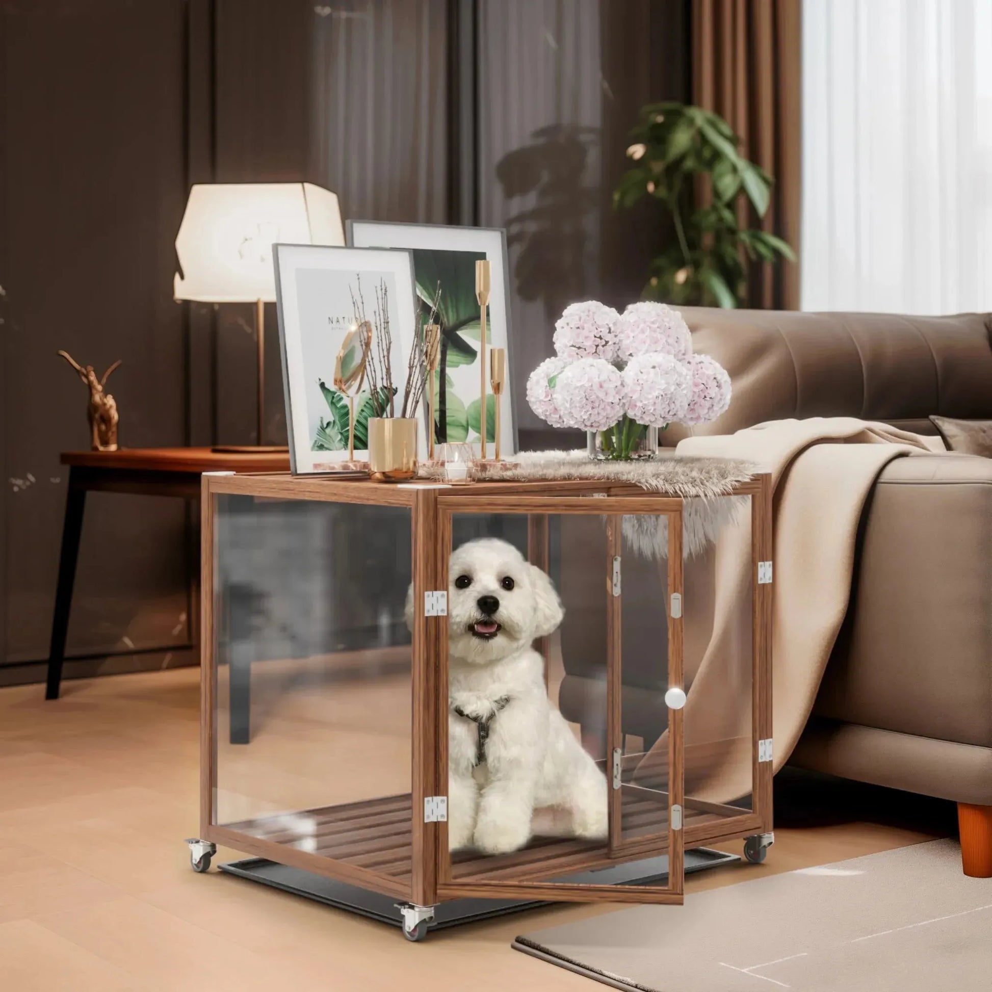 Self-Innovative Dog Cage: Bingopaw First Tempered Glass Dog Pet Cage Dog Kennel Aluminum Frame with Dual Doors and Wheels