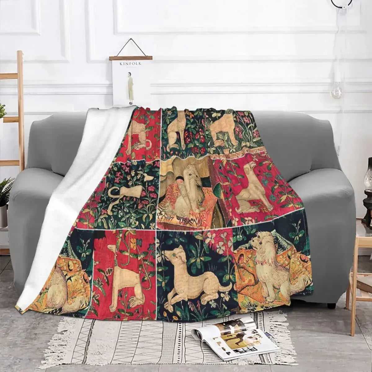 Retro Dog Collage Knitted Blanket Renaissance Animal Dogs Plush Throw Blanket Bedding Couch Printed Ultra-Soft Warm Bedspreads