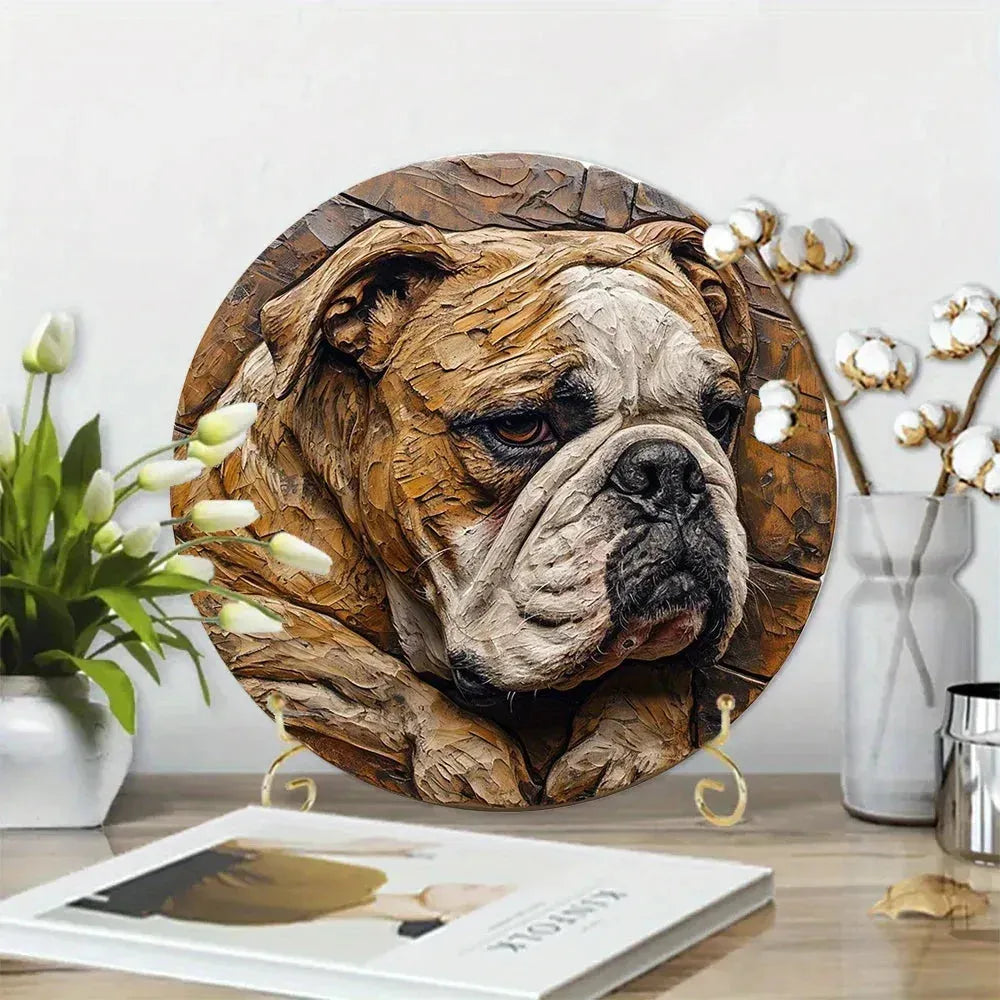 Round Metal Aluminum Sign Faux Embossing Wreath Sign Living Room Decoration Mother's Day Gifts French Bulldog Themed Decoration