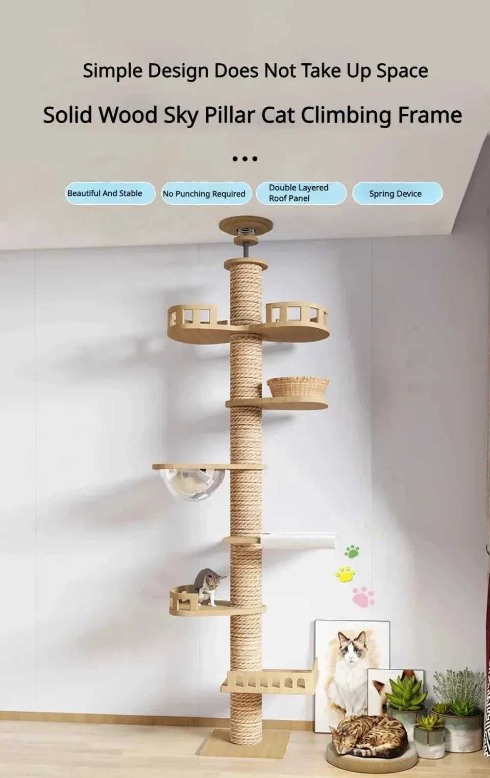 Cat Climbing Frame Floor To Ceiling Pussy Tree Tower Wooden Adjustable Pet Pillar Integrated Cattery With Hammock Kitty Nest