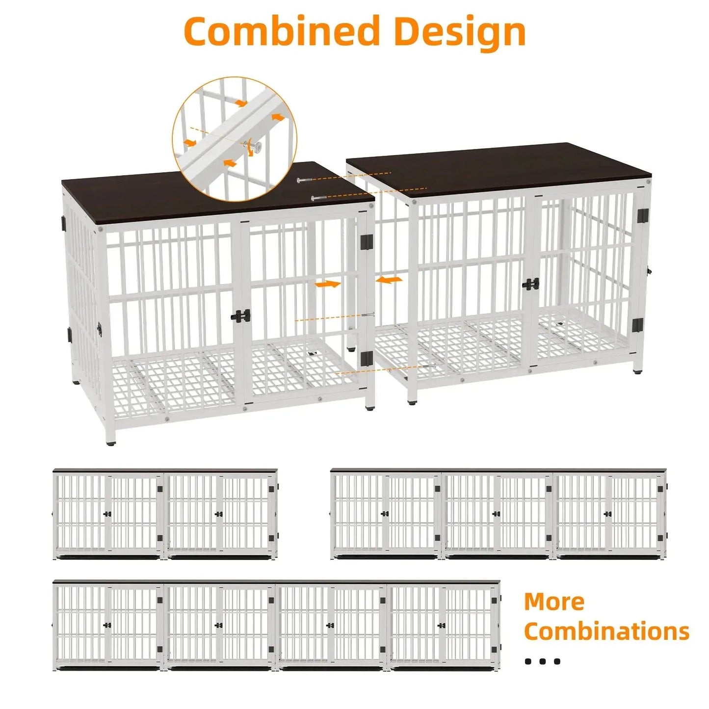 Dog Crate Furniture Pet Kennel End Table Metal Dog Kennel with Three Doors with Locks and Removable Tray, White/Black