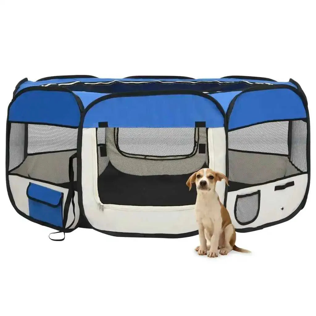 Foldable Dog Playpen with Carrying Bag Pet Run Play Cage for Home Blue Cream 145x145x61cm