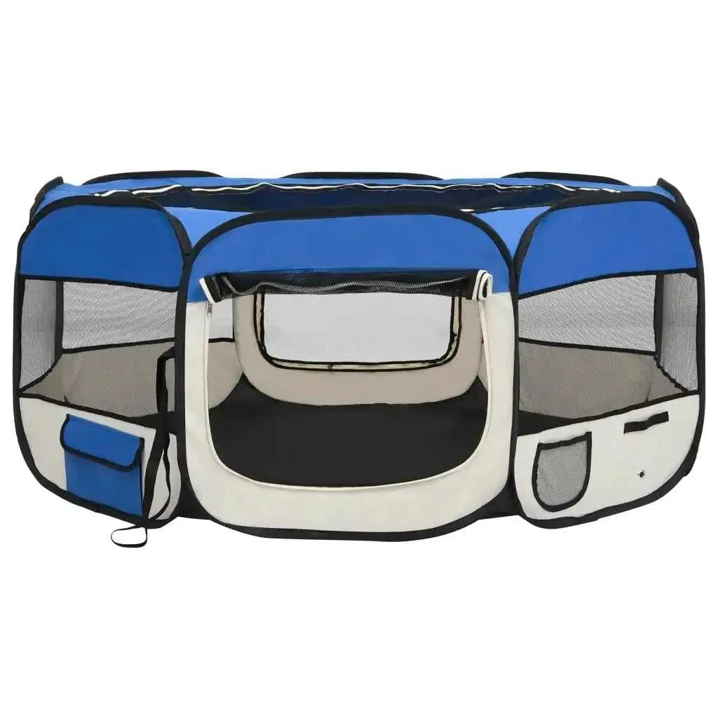 Foldable Dog Playpen with Carrying Bag Pet Run Play Cage for Home Blue Cream 145x145x61cm