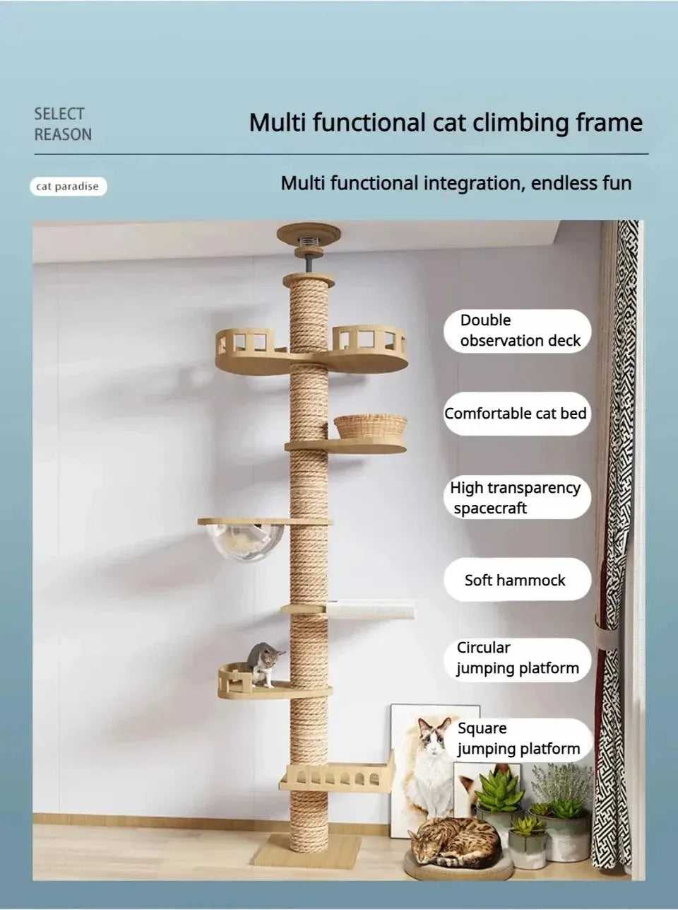 Cat Climbing Frame Floor To Ceiling Pussy Tree Tower Wooden Adjustable Pet Pillar Integrated Cattery With Hammock Kitty Nest