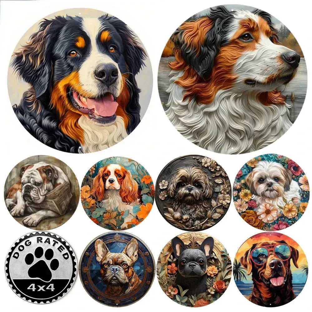 Round Metal Aluminum Sign Art Cute Dog Wreath Decorative Plates Entrance Decor Gift Mask Theme For Bar Club Home Room Wall Decor - Finnigan's Play Pen