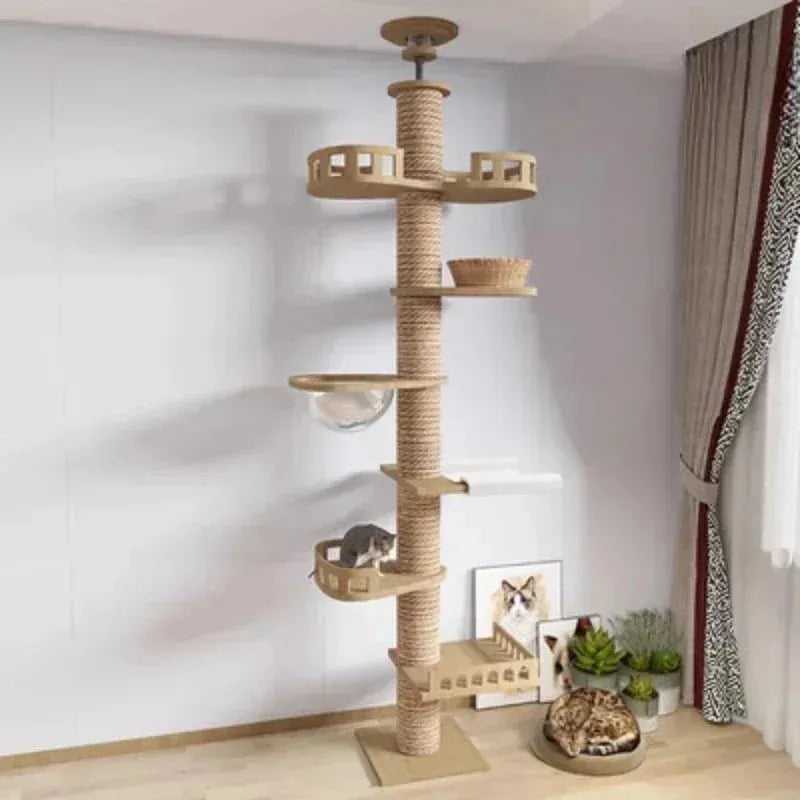 Cat Climbing Frame Floor To Ceiling Pussy Tree Tower Wooden Adjustable Pet Pillar Integrated Cattery With Hammock Kitty Nest