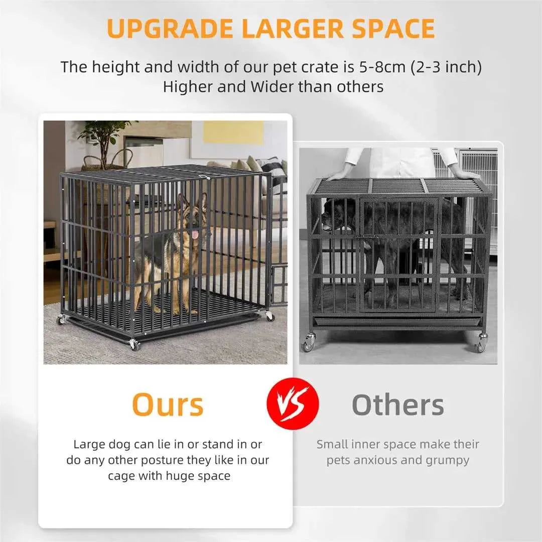 Mobile Heavy Duty Dog Crate Cage Metal Pet Kennel Playpen with 3 Doors Locks Design & Bottom Tray