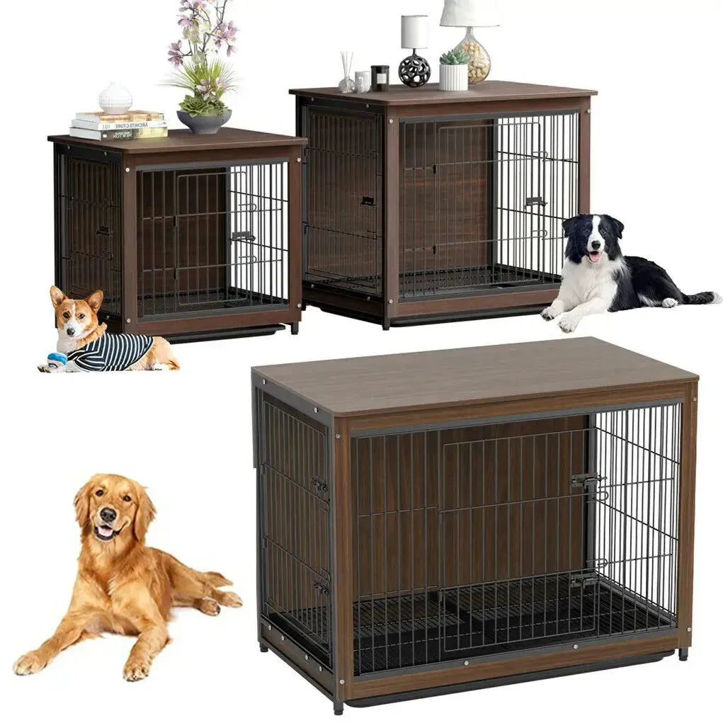 25 32 39 in Dog Crate End Table Furniture Wooden and Metal Pet Cage Kennels House Double Doors & Removable Tray