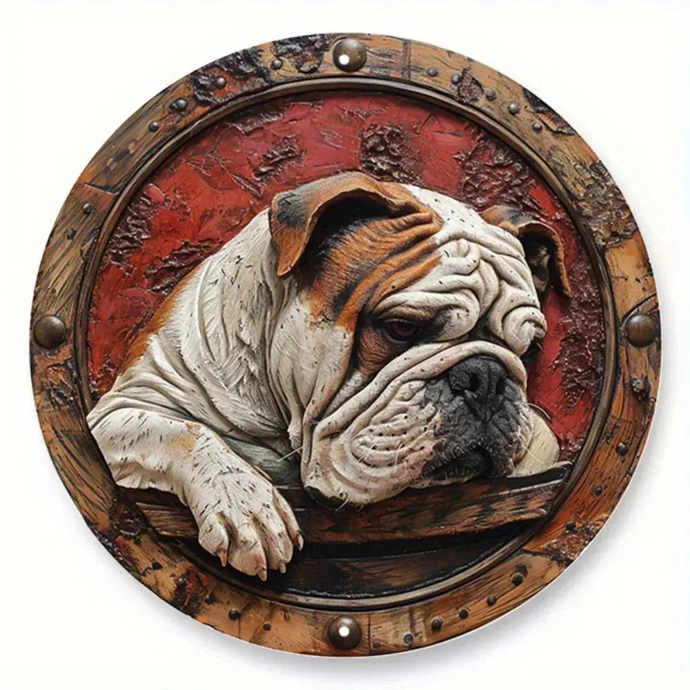 Round Metal Aluminum Sign Faux Embossing Wreath Sign Living Room Decoration Mother's Day Gifts French Bulldog Themed Decoration