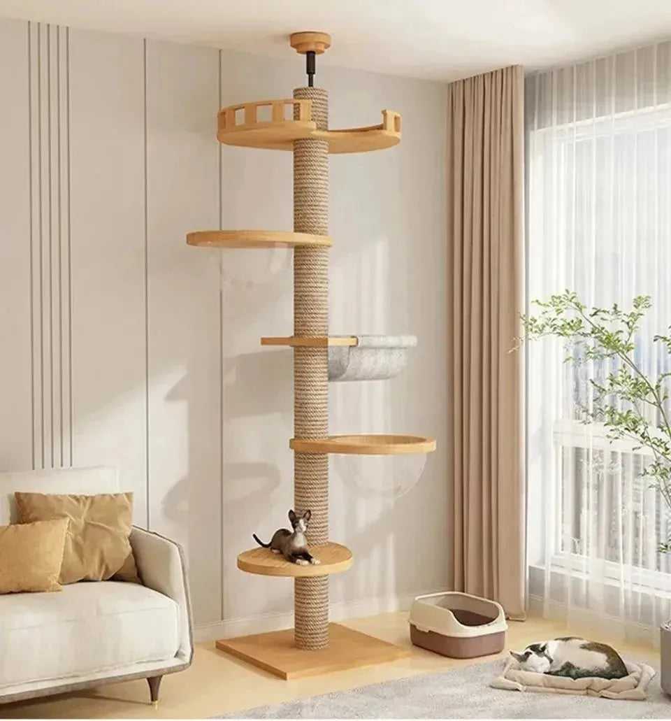 Cat Climbing Frame Floor To Ceiling Pussy Tree Tower Wooden Adjustable Pet Pillar Integrated Cattery With Hammock Kitty Nest