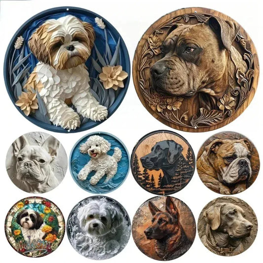 Round Metal Tin Sign Art Painting Wreath Decorative Plates Adorable Pet Cat Dog Plaque Poster for Bar Cafe Club Room Wall Decor