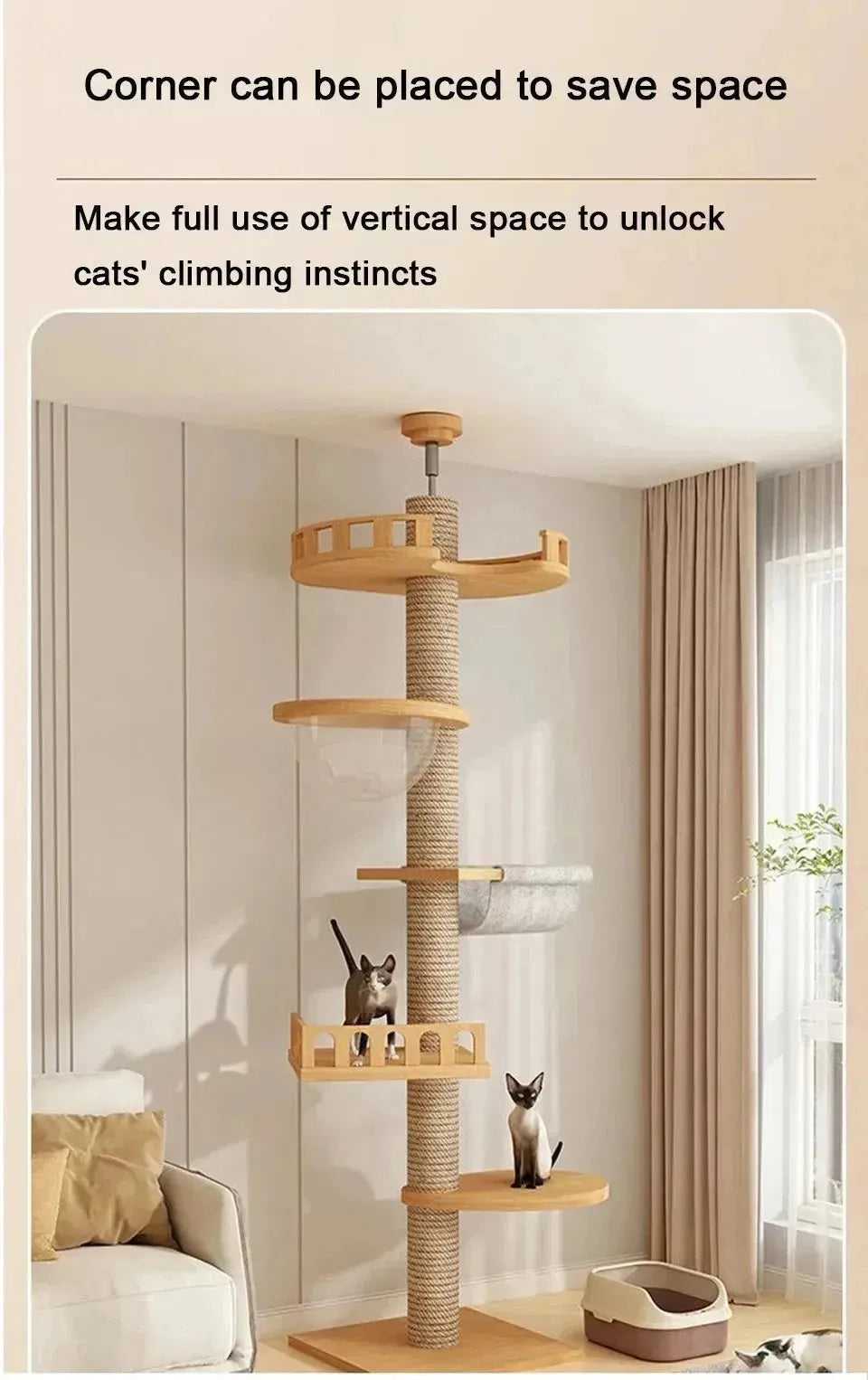 Cat Climbing Frame Floor To Ceiling Pussy Tree Tower Wooden Adjustable Pet Pillar Integrated Cattery With Hammock Kitty Nest