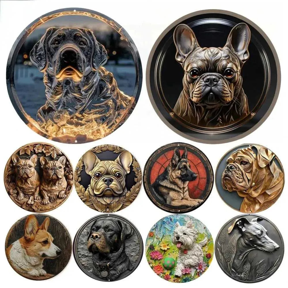 Round Metal Aluminum Sign Art Cute Dog Wreath Decorative Plates Entrance Decor Gift Mask Theme For Bar Club Home Room Wall Decor