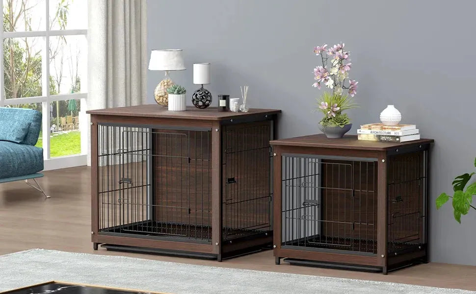 Vintage Pet Crate Dog Cage with Table Top Wooden Barrier Gate With Floor Tray for Indoor