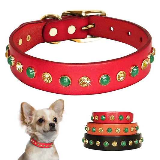 Leather Pet Dog Collar Bling Rhinestone Puppy Cat Collars Cute Diamond Chihuahua Necklace Adjustable for Small Medium Dogs Cats