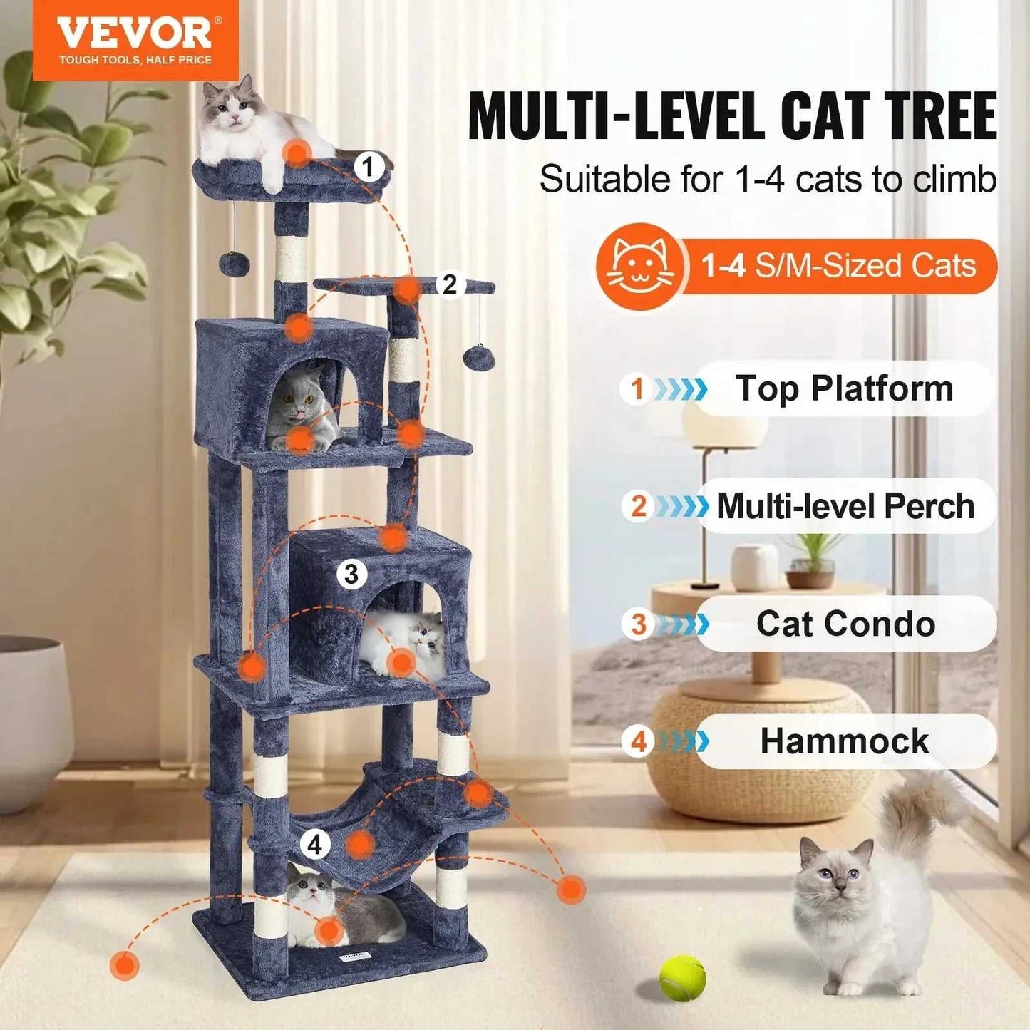 VEVOR Cat Tree for Indoor Cats 63" Cat Tower with 2 Cat Condos Sisal Scratching Post Large Cat Furniture Activity Center