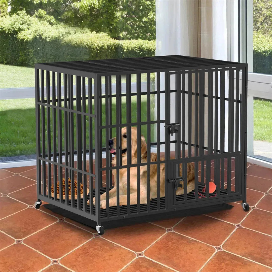 Mobile Heavy Duty Dog Crate Cage Metal Pet Kennel Playpen with 3 Doors Locks Design & Bottom Tray