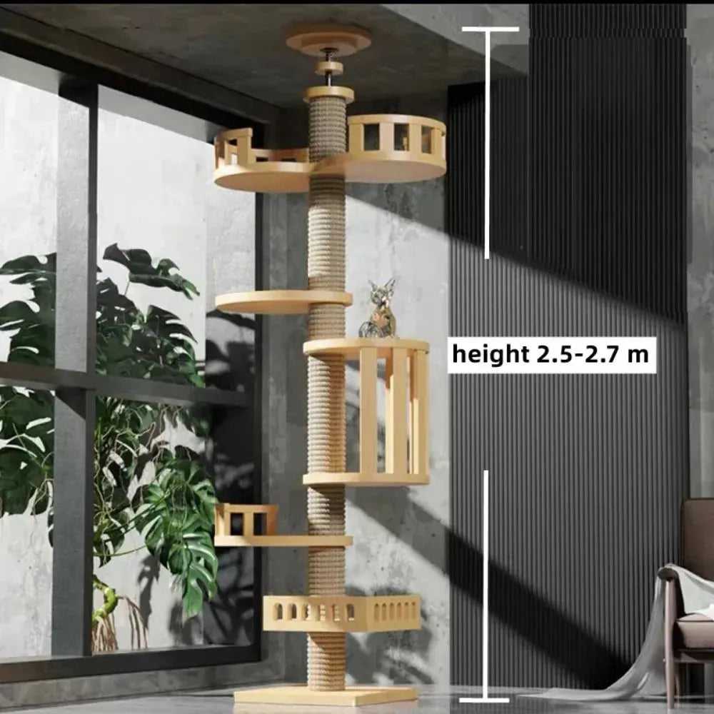 Cat Climbing Frame Floor To Ceiling Pussy Tree Tower Wooden Adjustable Pet Pillar Integrated Cattery With Hammock Kitty Nest