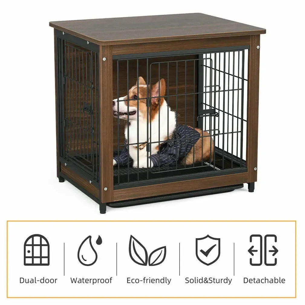 25 32 39 in Dog Crate End Table Furniture Wooden and Metal Pet Cage Kennels House Double Doors & Removable Tray