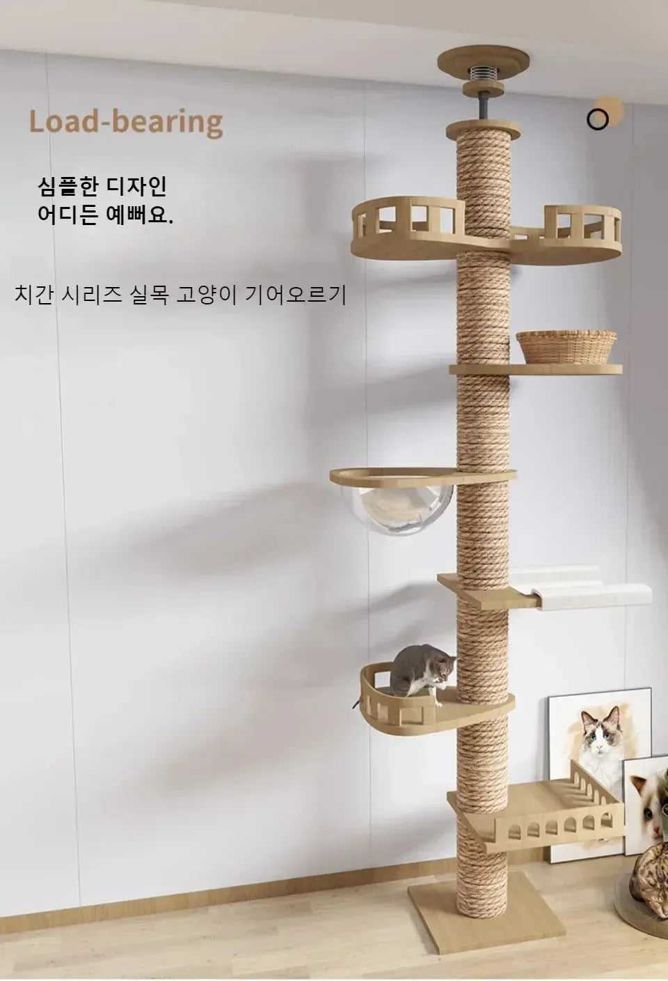 Cat Climbing Frame Floor To Ceiling Pussy Tree Tower Wooden Adjustable Pet Pillar Integrated Cattery With Hammock Kitty Nest