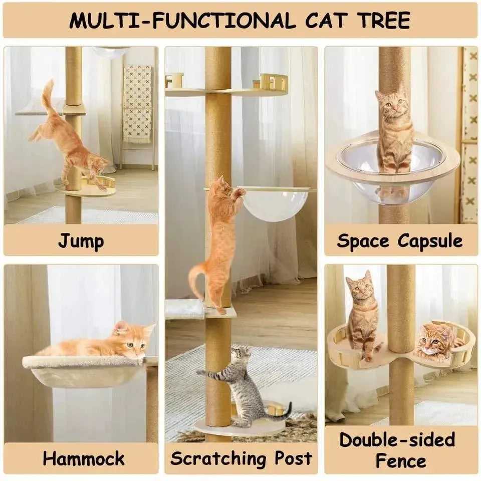 Cat Climbing Frame Floor To Ceiling Pussy Tree Tower Wooden Adjustable Pet Pillar Integrated Cattery With Hammock Kitty Nest