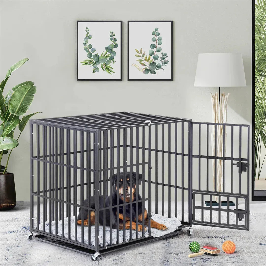 Mobile Heavy Duty Dog Crate Cage Metal Pet Kennel Playpen with 3 Doors Locks Design & Bottom Tray