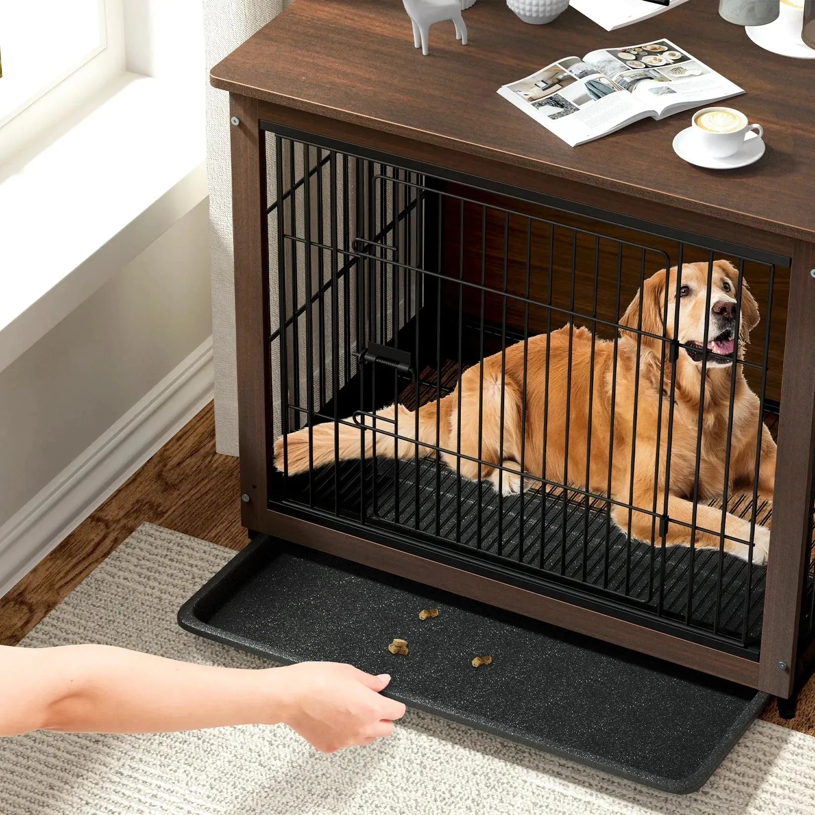 Vintage Pet Crate Dog Cage with Table Top Wooden Barrier Gate With Floor Tray for Indoor