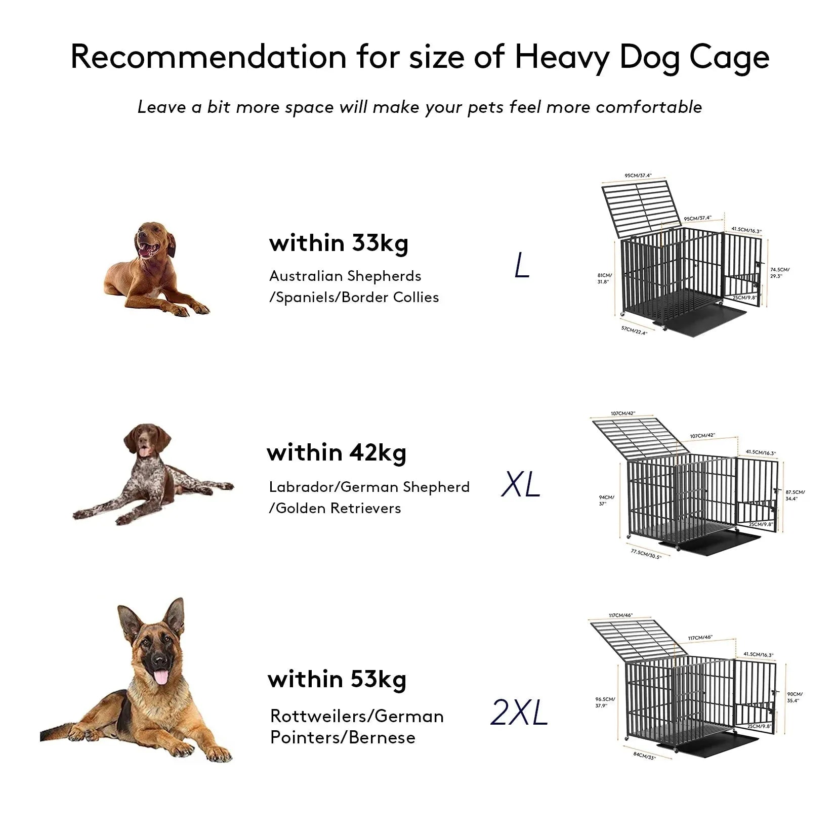 L XL XXL Heavy Duty Dog Crate with 4 Lockable Wheels 3 Doors and Removable Tray Metal Pet Kennels Cage Playpen