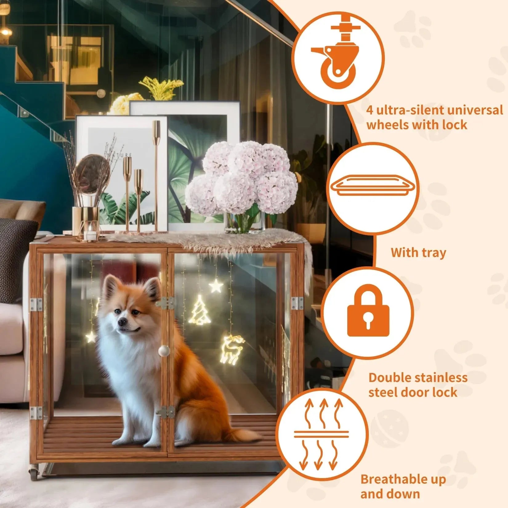 Self-Innovative Dog Cage: Bingopaw First Tempered Glass Dog Pet Cage Dog Kennel Aluminum Frame with Dual Doors and Wheels