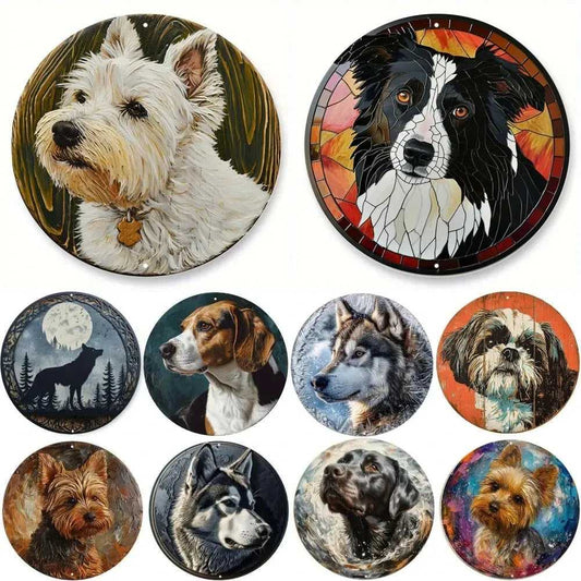 Funny Cute Dog Theme Posters Round Metal Aluminum Sign Desktop Decorative Plates for Bar Cafe Club Yard Home Office Wall Decor